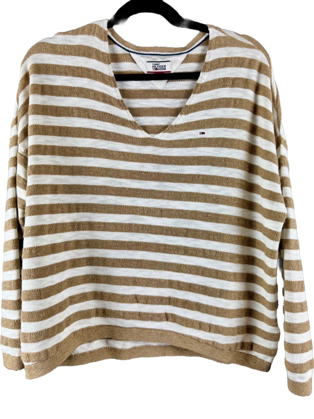 Tommy Hilfiger Striped V-Neck Sweater in Beige and White